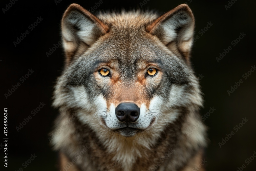 Majestic wolf gazes intensely, showcasing detailed fur and pierc Majestic wolf gazes intensely, showcasing detailed fur and pierc