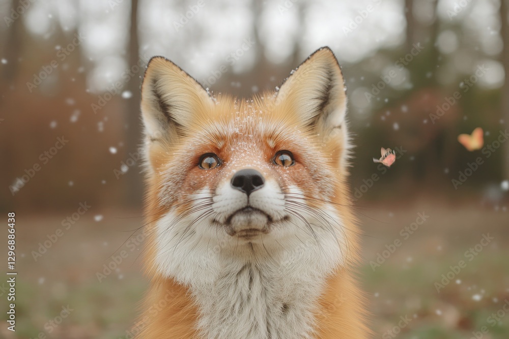 Obraz premium Curious fox gazes upward amidst falling snowflakes in serene woo