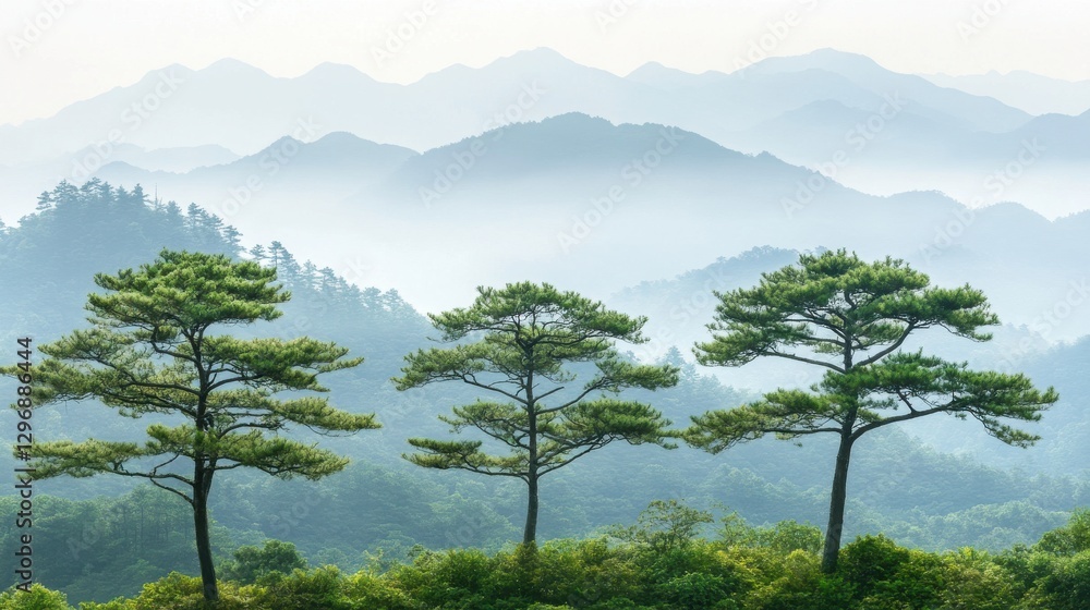 Obraz premium Serene Trees Against Majestic Mountain Backdrop