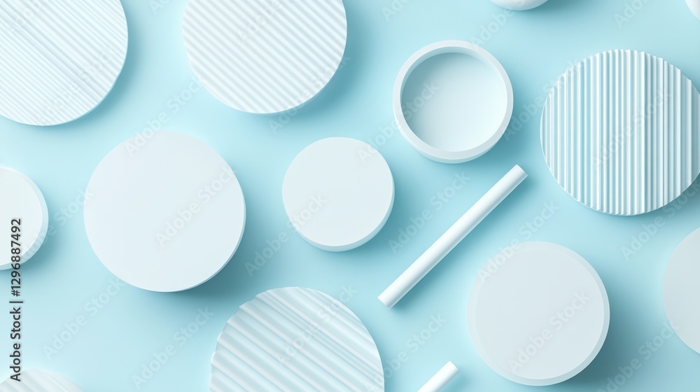 Abstract geometric shapes, light blue background, 3D design elements, display objects, use for product presentation Abstract geometric shapes, light blue background, 3D design elements, display objects, use for product presentation
