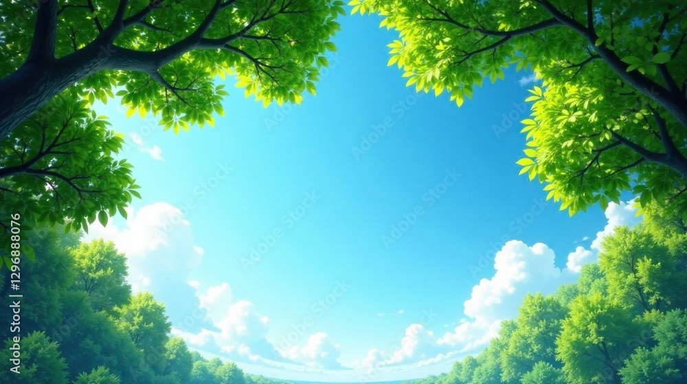 Serene Canopy View Lush Green Leaves Frame a Bright Blue Sky with Puffy White Clouds, Creating a Peaceful and Tranquil Natural Scene