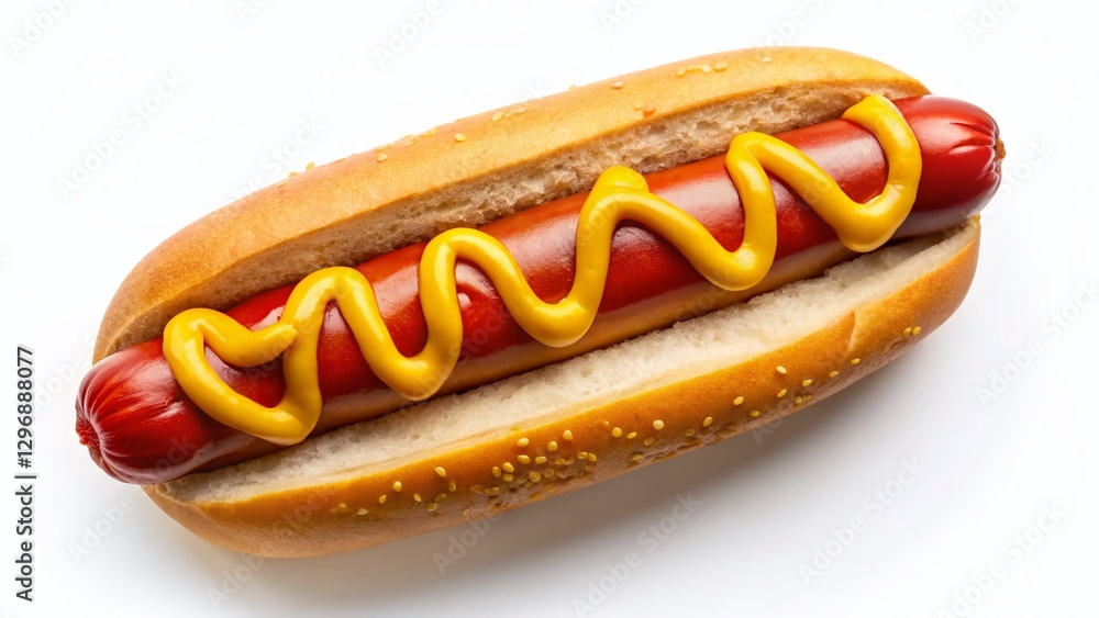 Top View Hot Dog with Mustard and Ketchup Isolated on White Background - Stock Photo Top View Hot Dog with Mustard and Ketchup Isolated on White Background - Stock Photo