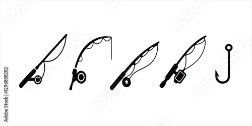 Fishing rod hand drawn illustration on white background. Fishing rod vector set. fishing gear.