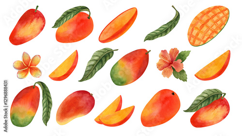Wallpaper Mural Watercolor mango whole fruit and slice Illustration with leaves and tropical flowers. Hand drawn food collection Torontodigital.ca