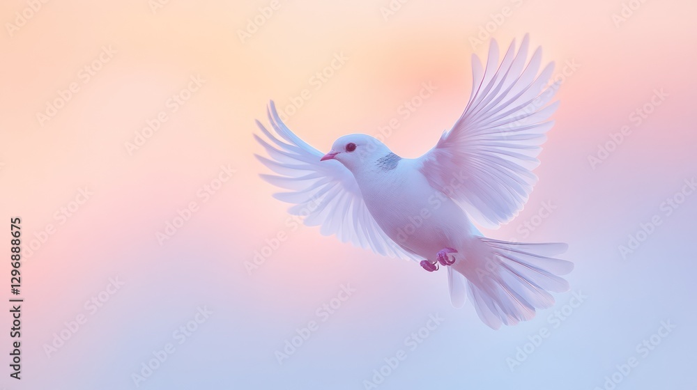 Fototapeta premium A beautiful white dove gracefully flying with outstretched wings in air