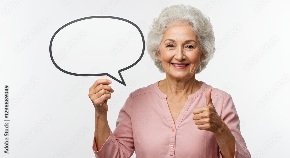 Smiling Senior Woman Holding Speech Bubble and Giving Thumbs Up Smiling Senior Woman Holding Speech Bubble and Giving Thumbs Up