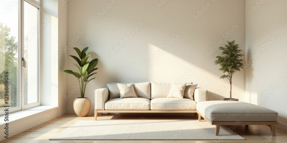 Fototapeta premium Serene Living Room with Sunlight Streaming Through a Window and Soft Furnishings