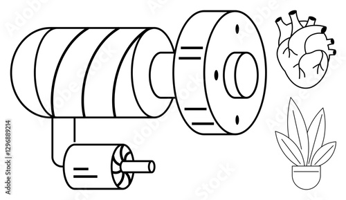Mechanical rotor with motor, detailed anatomical heart, and simple potted plant. Ideal for technology versus nature, engineering, healthcare, biology, sustainability, mindfulness mechanical versus