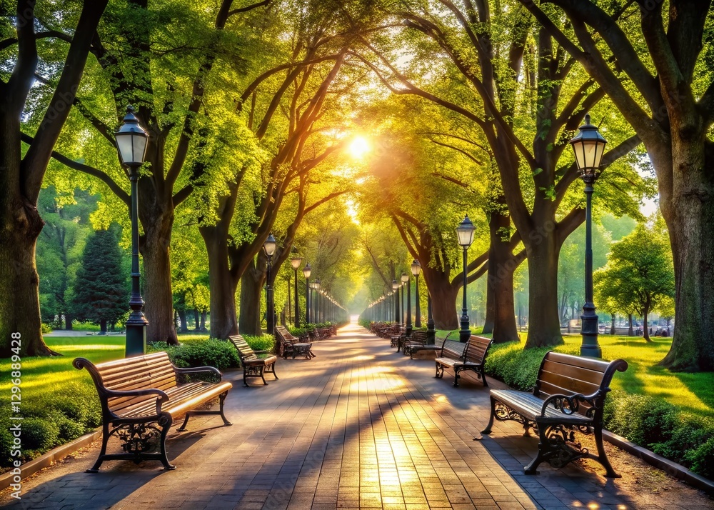 Tree-lined Avenue with Benches: Serene Urban Park Scene Tree-lined Avenue with Benches: Serene Urban Park Scene