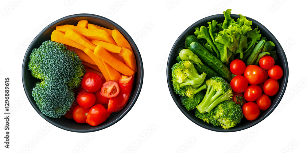 Top view of two bowls with fresh vegetables on a transparent background, flat lay, top-down view Top view of two bowls with fresh vegetables on a transparent background, flat lay, top-down view