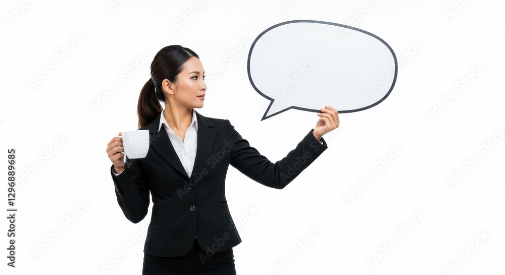 Businesswoman Holding a Blank Speech Bubble and a Coffee Mug Businesswoman Holding a Blank Speech Bubble and a Coffee Mug