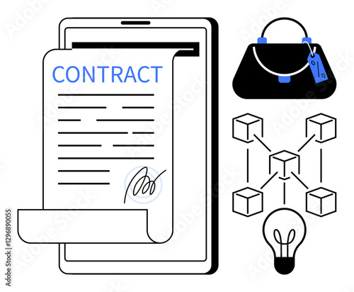 Digital contract displayed on a tablet with a stylus signature alongside blockchain cubes, illuminated lightbulb, and secure handbag. Ideal for business, digital transformation, security, legal
