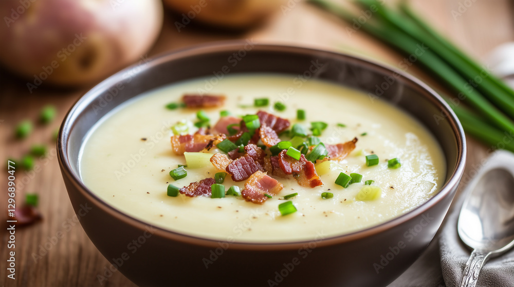 Creamy soup garnished with bacon and chives served in a rustic bowl on a wooden table Creamy soup garnished with bacon and chives served in a rustic bowl on a wooden table