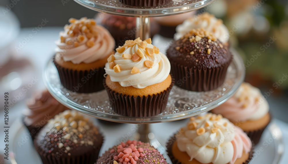 Cupcakes arranged on a tiered dessert stand with various toppings Cupcakes arranged on a tiered dessert stand with various toppings