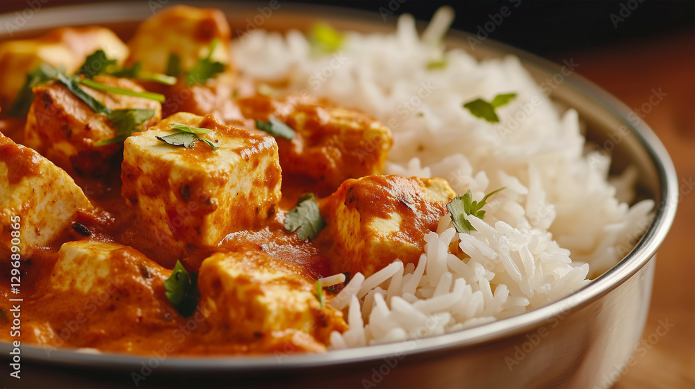 Enjoying a flavorful vegetarian dish of paneer curry served with fluffy basmati rice in a cozy dining setting Enjoying a flavorful vegetarian dish of paneer curry served with fluffy basmati rice in a cozy dining setting
