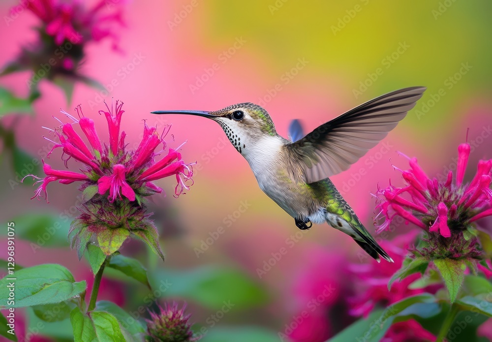 Obraz premium Elegant hummingbird hovering near vibrant pink flowers in a sunny garden setting showcasing nature's beauty and delicate wildlife behavior