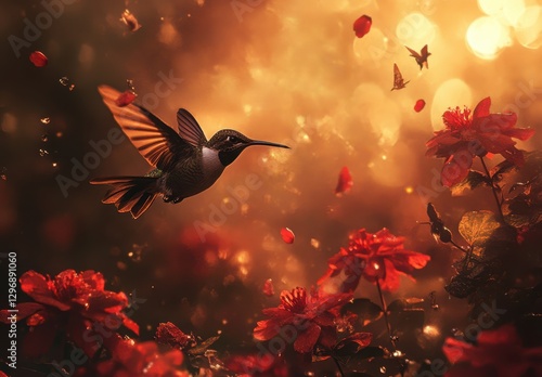 Wallpaper Mural Elegant hummingbird in flight amidst vibrant red roses, illuminated by golden sunlight and soft bokeh, capturing the essence of nature's beauty and serenity. Torontodigital.ca
