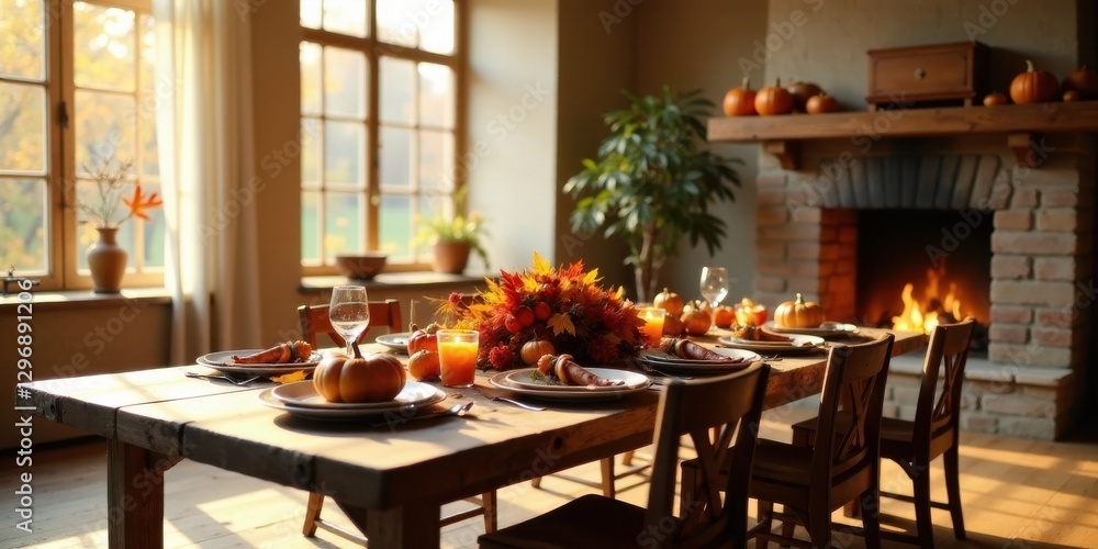 Rustic Autumnal Table Setting with Warm Fireplace Glow and Sunlit Window Rustic Autumnal Table Setting with Warm Fireplace Glow and Sunlit Window