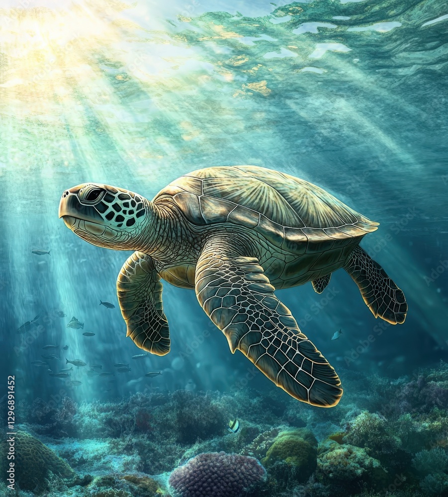 Obraz premium A sea turtle swims in the ocean, sunlight shining through