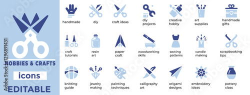 Foto Creative hobbies and crafts vector icons for DIY, arts, sewing, knitting, and handmade projects