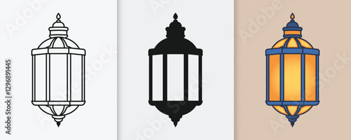 Islamic lantern outline and silhouette icon set with isolated flat vector illustration for eid celebration