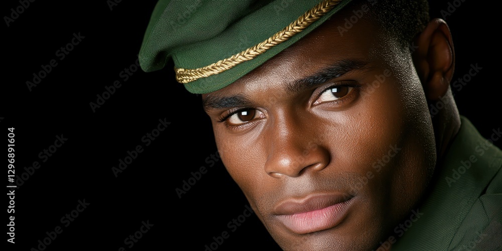 A soldier wears a green military uniform and cap, embodying strength and confidence. The focus is on his serious expression, reflecting dedication to service A soldier wears a green military uniform and cap, embodying strength and confidence. The focus is on his serious expression, reflecting dedication to service
