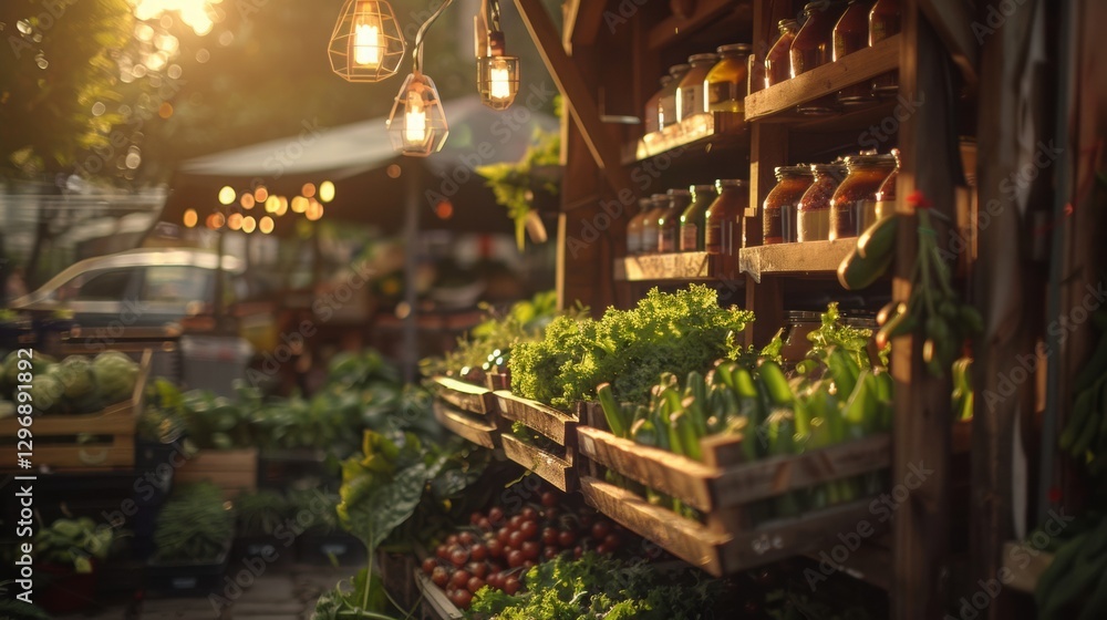 Fresh Produce Stand at Sunset with Warm Lights and Colorful Vegetables Fresh Produce Stand at Sunset with Warm Lights and Colorful Vegetables