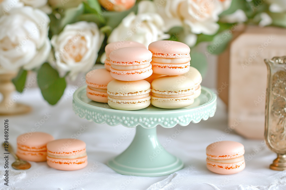 Fototapeta premium Delicate macarons elegantly displayed on a mint green stand surrounded by soft floral decorations