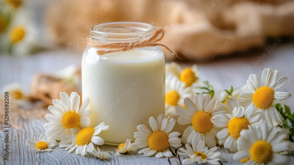 Rustic Jar of Milk Surrounded by Fresh Daisies on Wooden Table Evokes Springtime Charm Rustic Jar of Milk Surrounded by Fresh Daisies on Wooden Table Evokes Springtime Charm