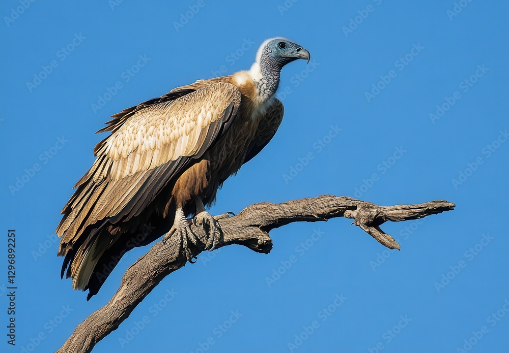 Obraz premium Majestic Vulture Perched on Branch Against Clear Blue Sky, Showcasing Unique Feather Patterns and Serene Nature Scene