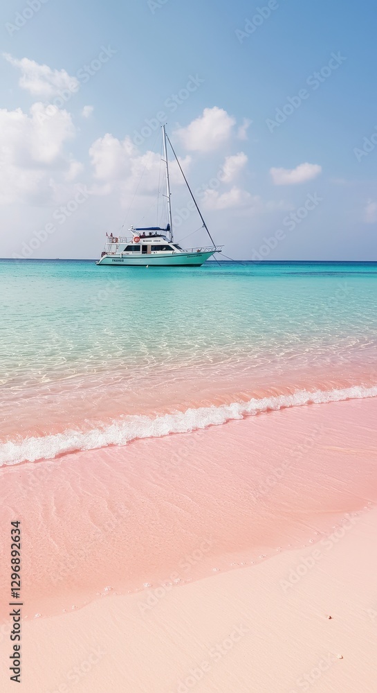 Obraz premium Pink Sands Beach and Yacht: A Tropical Paradise