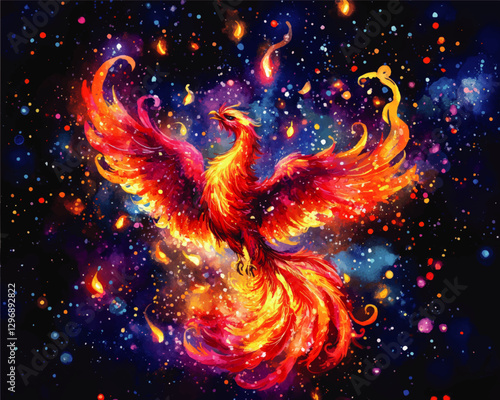 Vivid Phoenix Imagery: Spectacular Fiery Wings and Majestic Flight in a Starry Cosmic Night Sky - Ideal for Mythical Creature Art Enthusiasts and Decor