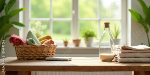 Wallpaper Mural Sunlit Scene of Freshly Laundered Textiles and a Glass Bottle of Milk on a Wooden Table Torontodigital.ca
