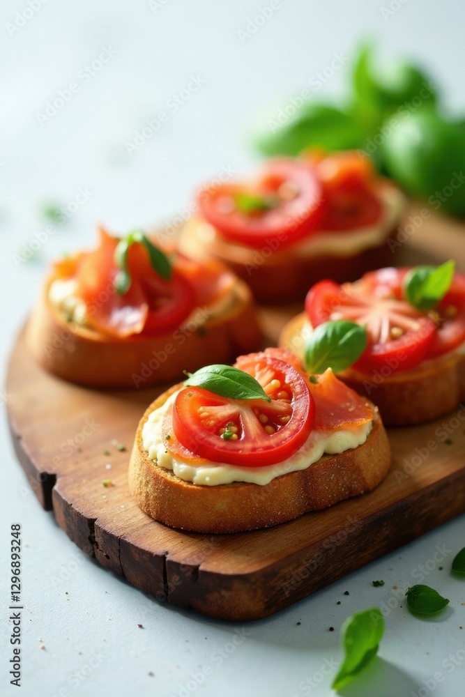 Appetizing toasted bread topped with creamy spread, smoked salmon, and fresh tomato slices, garnished with basil leaves, arranged on rustic wooden board Appetizing toasted bread topped with creamy spread, smoked salmon, and fresh tomato slices, garnished with basil leaves, arranged on rustic wooden board
