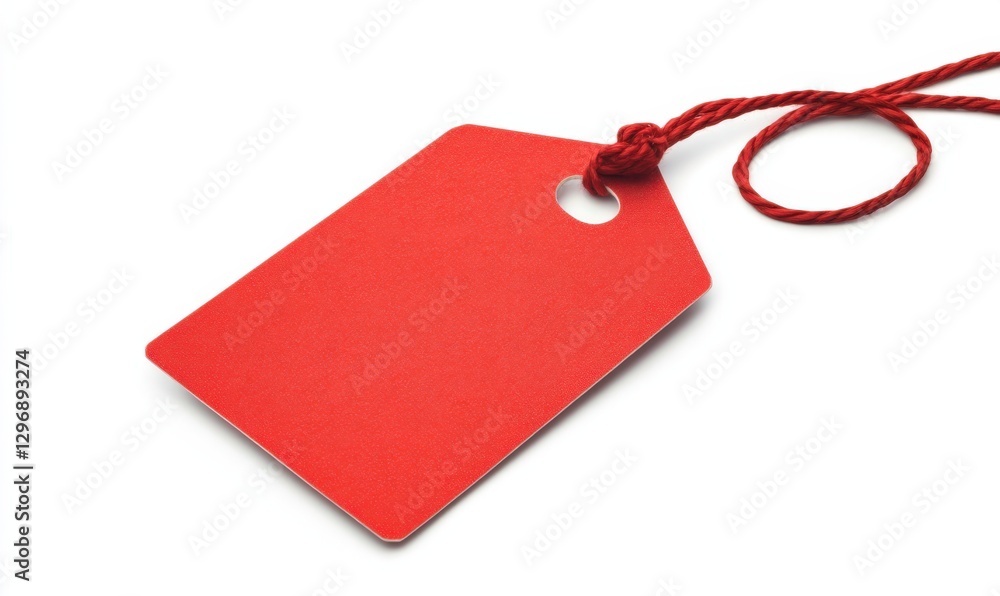 Fototapeta premium A red tag hangs delicately from a string on a white background