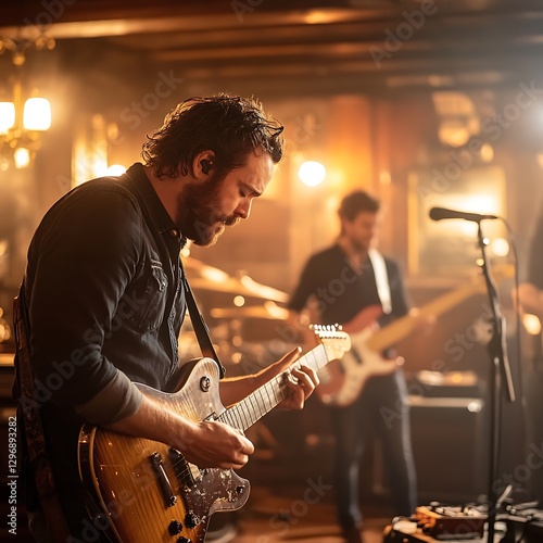Live guitar performance in urban venue close-up photography of energetic atmosphere