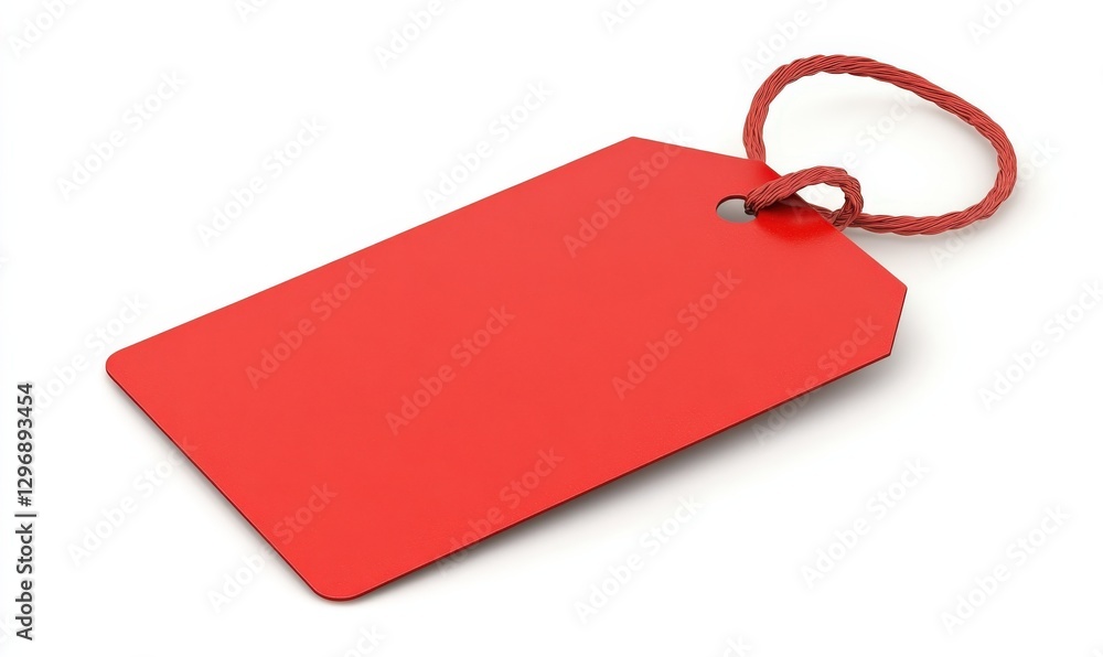 Fototapeta premium A red tag hangs delicately from a string on a white background
