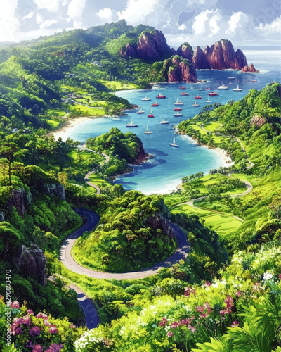 Stunning Coastal Landscape Vector: Serene Blue Bay with Sailboats, Lush Greenery, Winding Road, Rugged Hills, Bright Sky, Wildflowers, and Scenic Waterfront