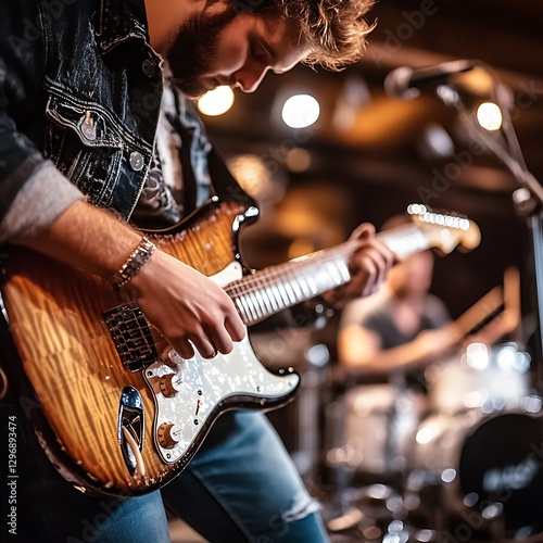 Live music performance by talented guitarist at local venue urban setting candid shot passionate vibe