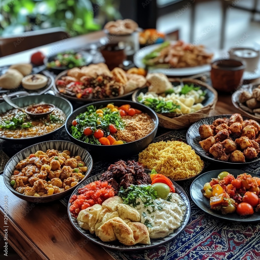 A Vibrant Feast: A Sumptuous Spread of Diverse and Flavorful Dishes Ready to be Enjoyed. A Vibrant Feast: A Sumptuous Spread of Diverse and Flavorful Dishes Ready to be Enjoyed.