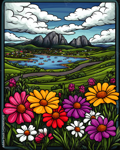 Vibrant Vector Landscape with Majestic Mountains, Flowering Fields, Serene Lake, Colorful Boats, Rolling Hills, and Dynamic Clouds - Stunning Nature Scene