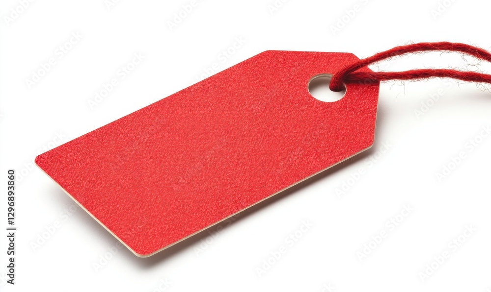 Fototapeta premium A red tag hangs delicately from a string on a white background