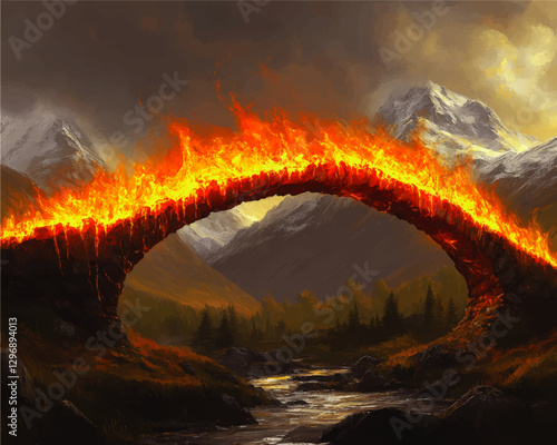 Stunning Fantasy Vector Art of Fiery Stone Bridge in Mountain Landscape with Dramatic Flames and Majestic Snow-Capped Peaks - Surreal Digital Illustration
