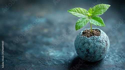 Fresh Beginnings. Young Plant Emerging from Earthy Sphere on Textured Blue Background