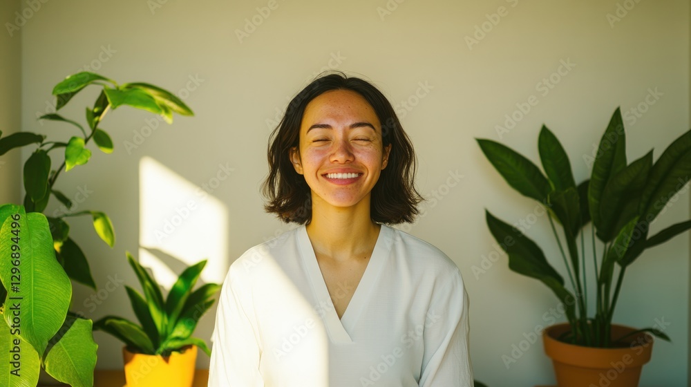 Bright indoor setting featuring smiling woman surrounded by lush Bright indoor setting featuring smiling woman surrounded by lush