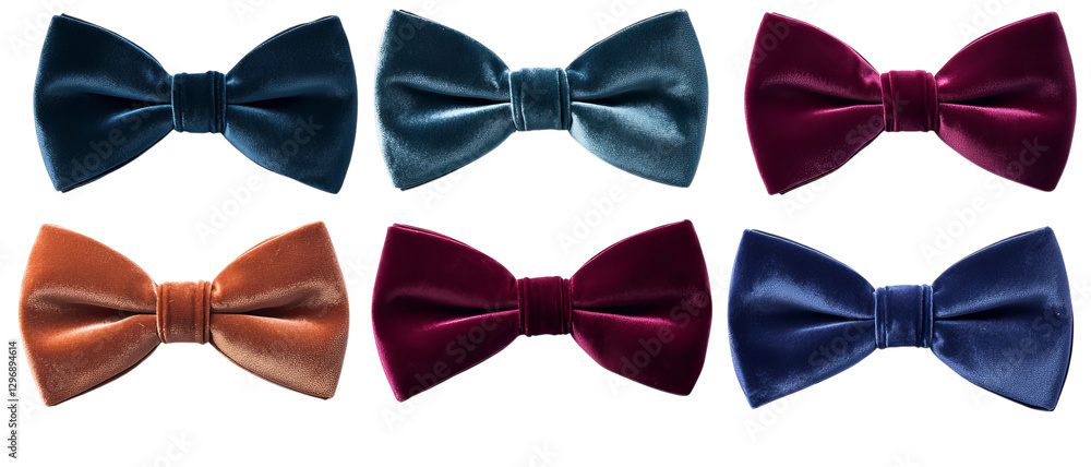 Png of Velvet Bow Tie Set in Bold and Vibrant Shades on transparent background. Png of Velvet Bow Tie Set in Bold and Vibrant Shades on transparent background.