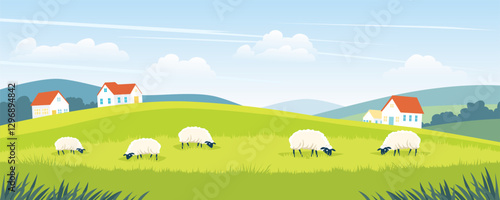 Sheep graze in a beautiful field with farmhouses and green hills in the background. Landscape of green meadows with sheep. Farm vector illustration.