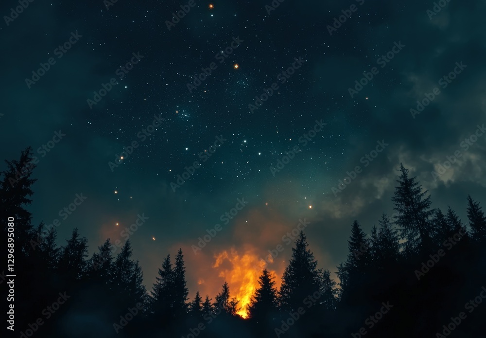 Fototapeta premium A group sits around a campfire under a starry sky