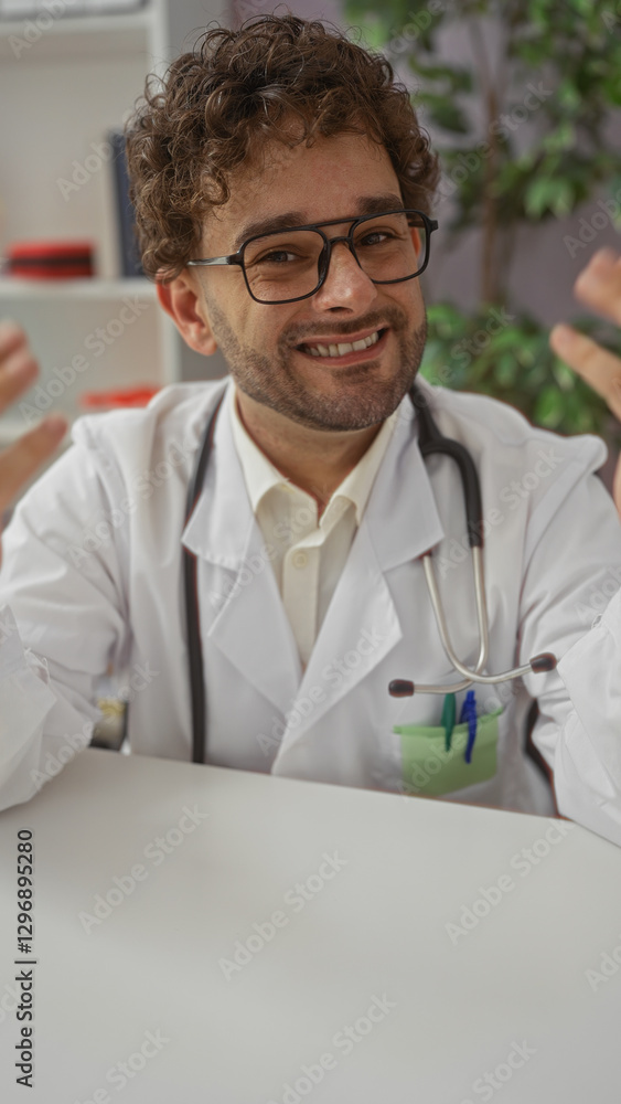 Doctor smiling in a clinic office with a stethoscope, exemplifying professional healthcare interaction in a modern medical setting. Doctor smiling in a clinic office with a stethoscope, exemplifying professional healthcare interaction in a modern medical setting.