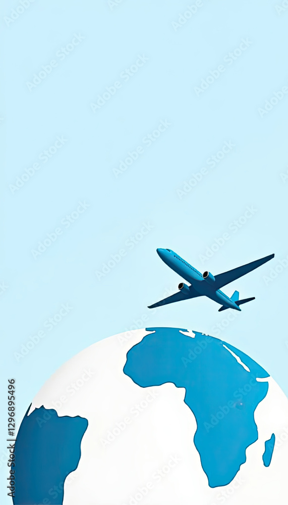 Naklejka premium Simple Flat Illustration of an Airplane Flying Over the Globe in Blue and White Tones, Symbolizing Travel and International Tourism